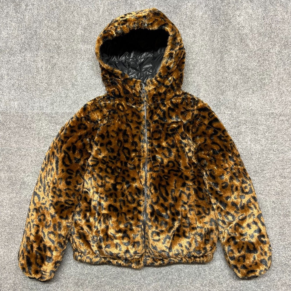 Spyder Girls M 10/12 Black Faux Fur Hooded Puffer Jacket Leopard Reversible
